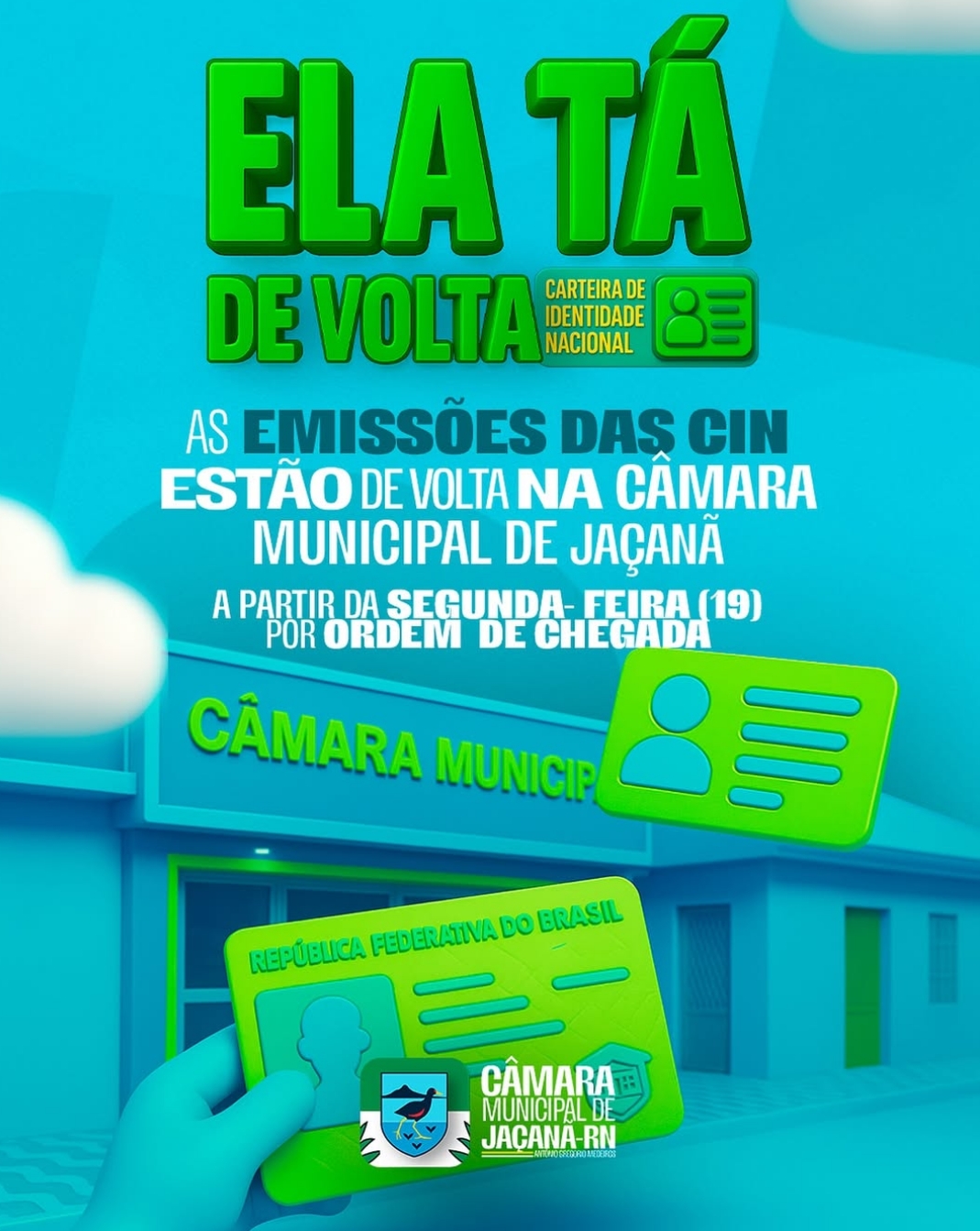 Emissão da nova Carteira de Identidade Nacional (CIN) retorna à Câmara Municipal de Jaçanã nesta segunda-feira (19)